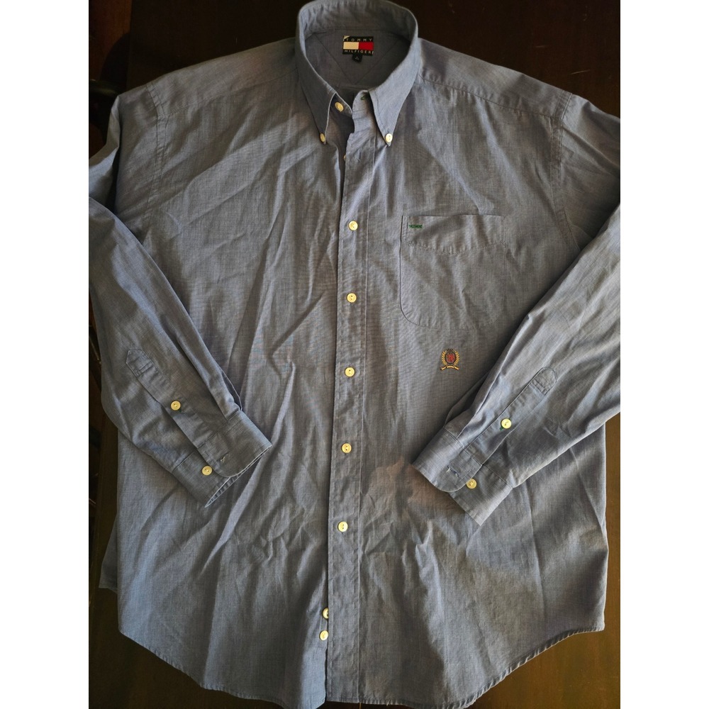 Tommy Hilfiger Mens Blue Button Down Shirt Long Sleeve Crest Logo Size Large